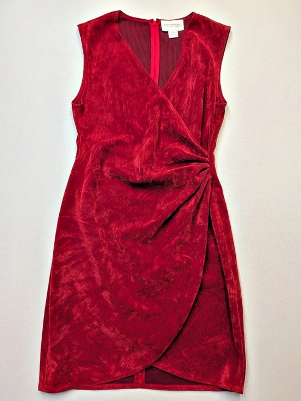 Vtg GFT 90's Emanuel Ungaro Red Ruched Velvet Mock-Wrap Sheath Dress Womens 6/40